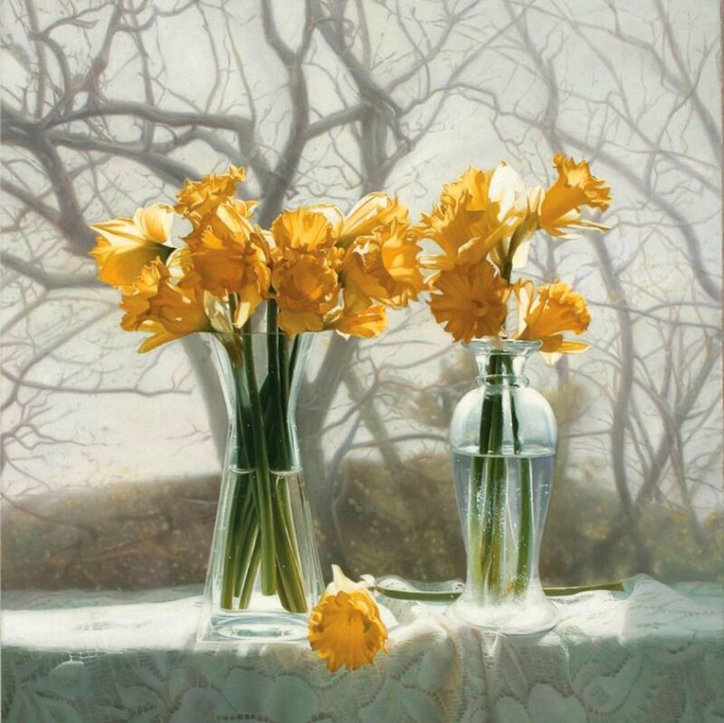 Daffodils in Vases — Yellow, Serene, Spring, Painting