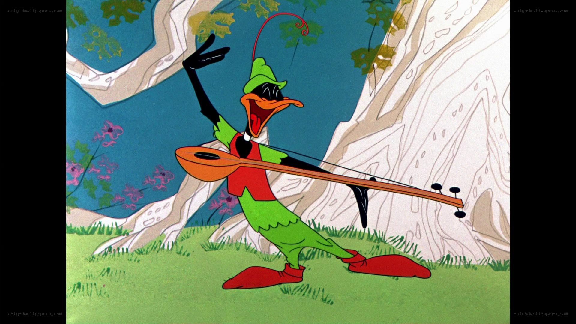 Daffy Duck playing a lute