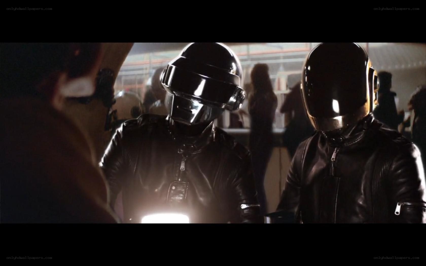 Daft Punk in a dimly lit room