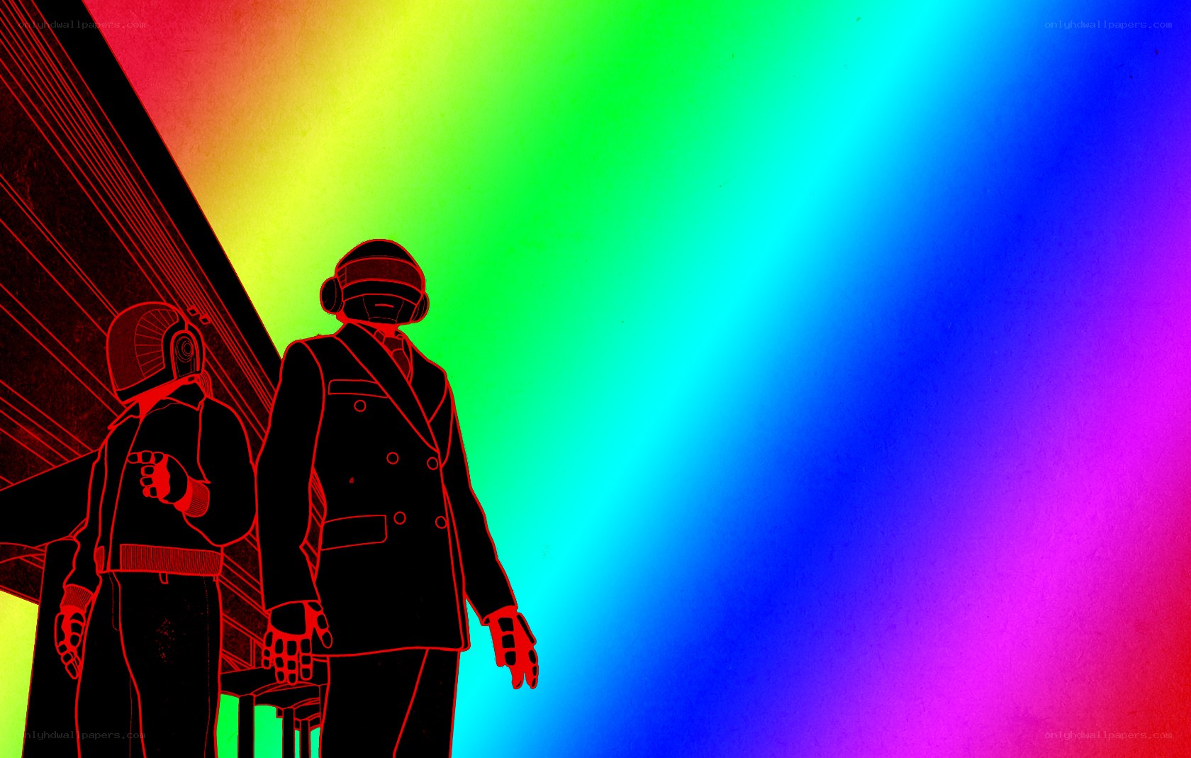 Daft Punk on a rainbow background