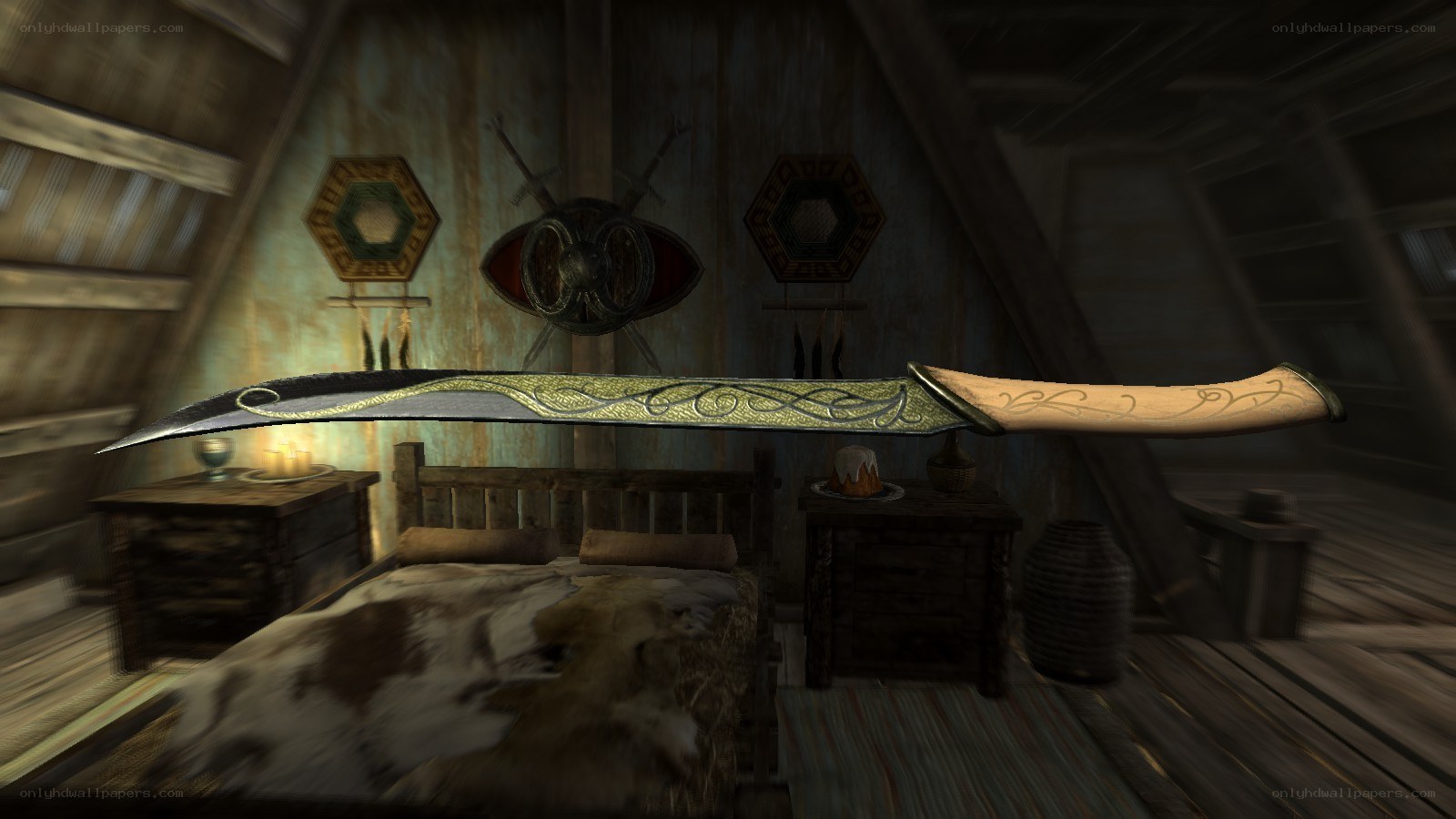 dagger in a rustic bedroom