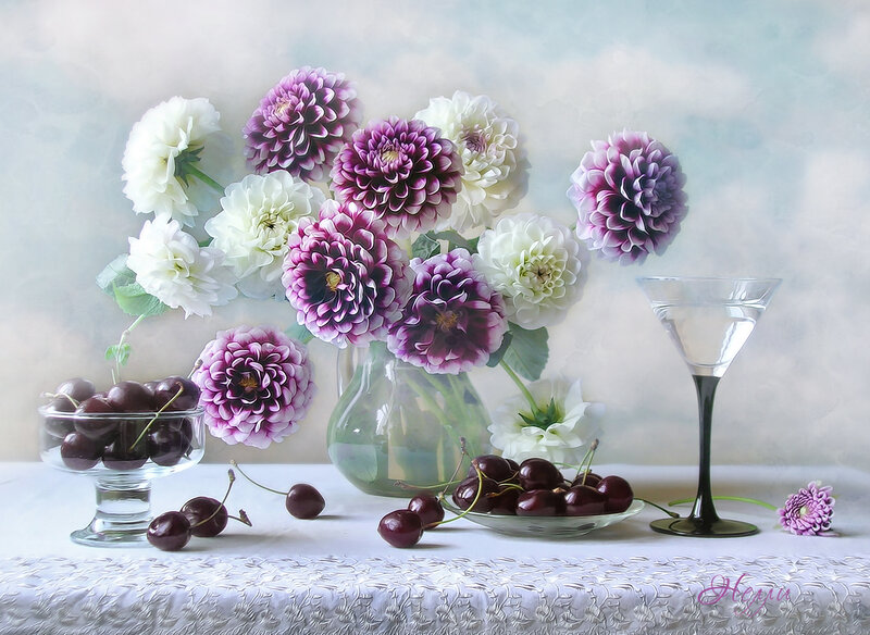 Dahlias and Cherries