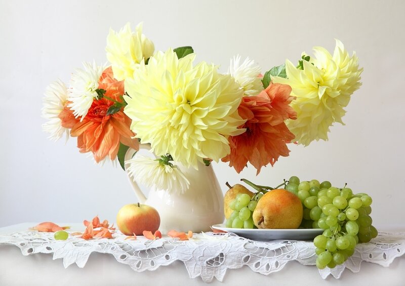 Dahlias and Fruit Arrangement
