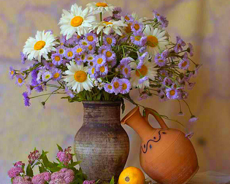 Daisies and Asters in Vase