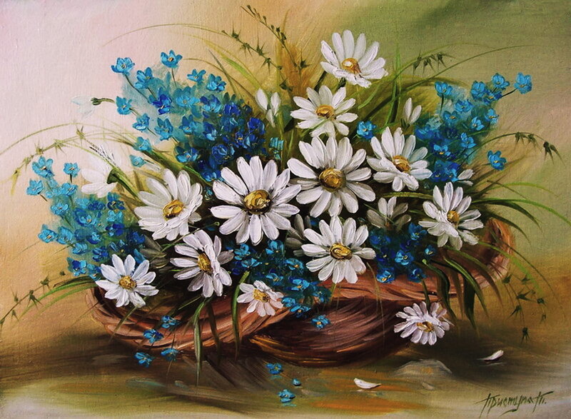 Daisies and Blue Flowers — White