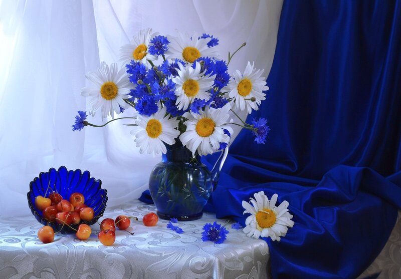 Daisies and Cherries — Blue