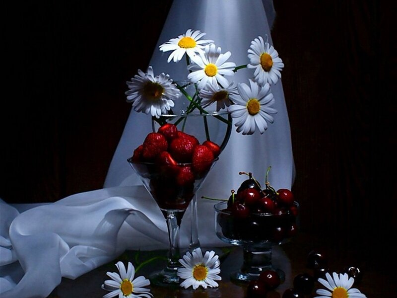 Daisies and Fruit in Glassware