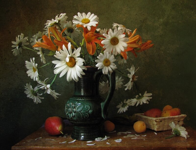 Daisies and Fruit in Vase