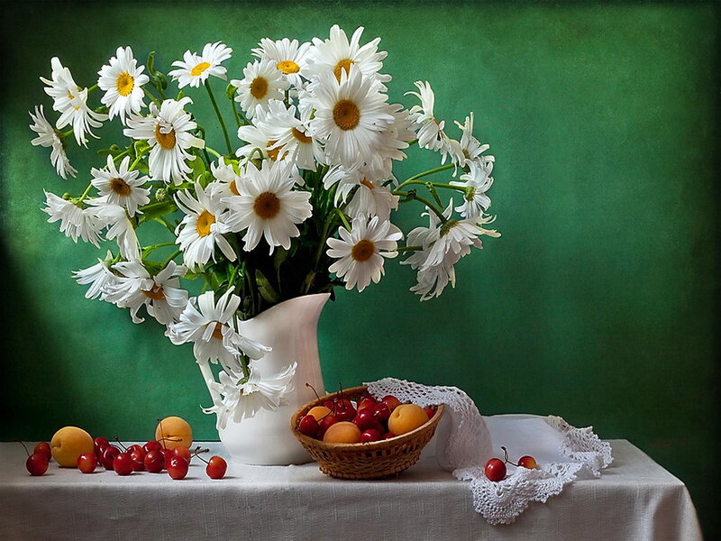 Daisies and Fruit on Table