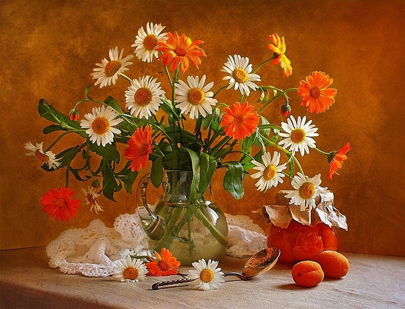 Daisies and Marigolds in Vase — Orange
