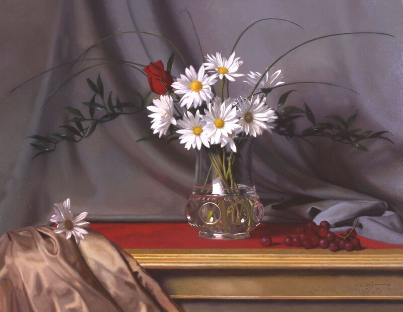 Daisies and Rose in Vase — White