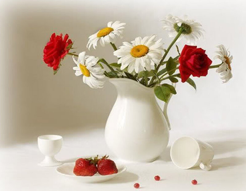 Daisies and Roses in Pitcher