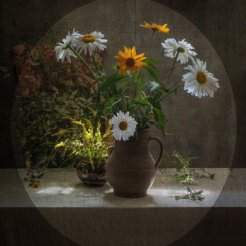 Daisies and Sunflowers in Jug