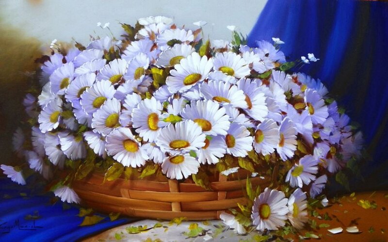 Daisies in a Basket — White, Calm, Painting
