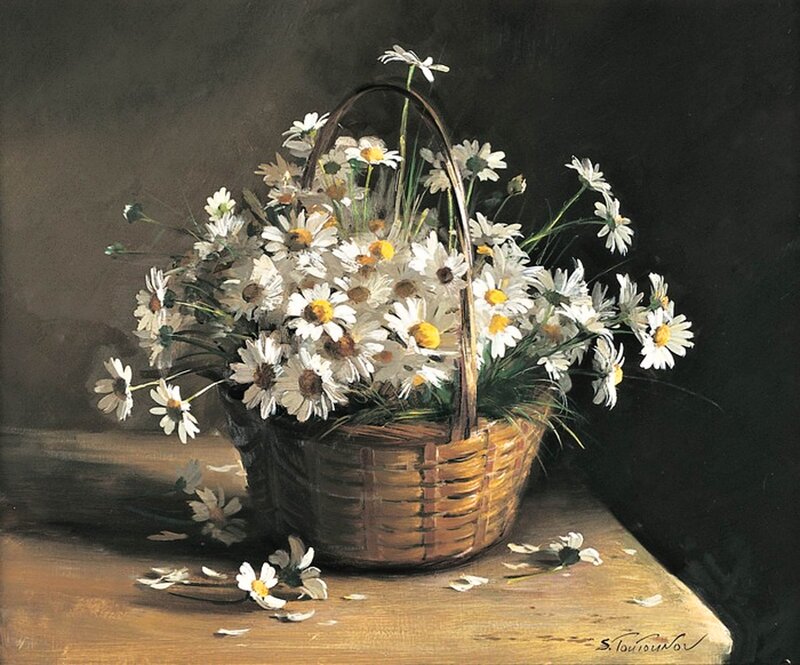 Daisies in a Basket — White, Serene, Painting