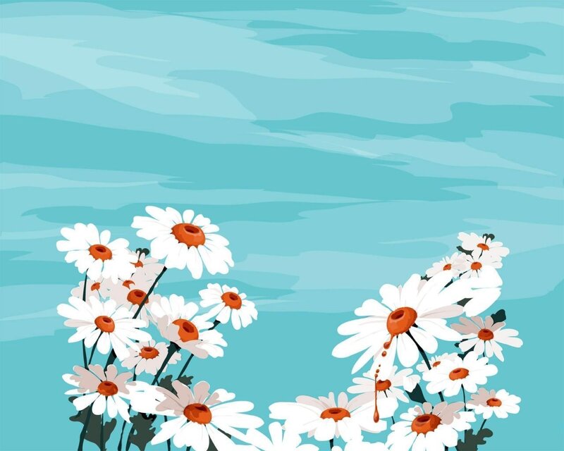 Daisies in a Field — Blue, Serene, Spring, Illustration