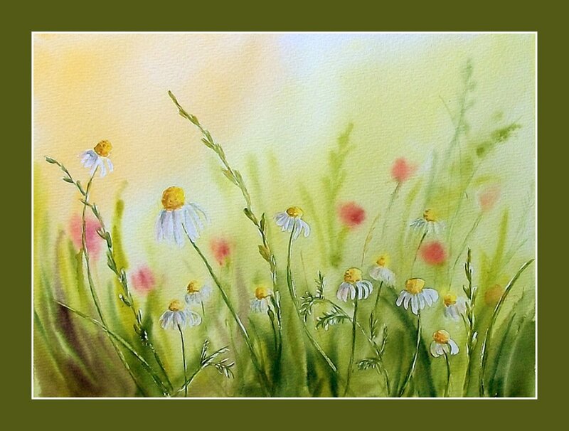 Daisies in a Meadow — Green, Serene, Afternoon, Painting
