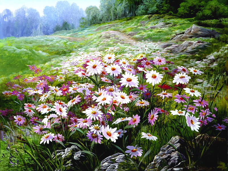 Daisies in a Meadow — Green, Serene, Spring, Painting