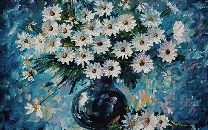 Daisies in a Vase — Blue, Calm, Painting, Flowers, Leaves