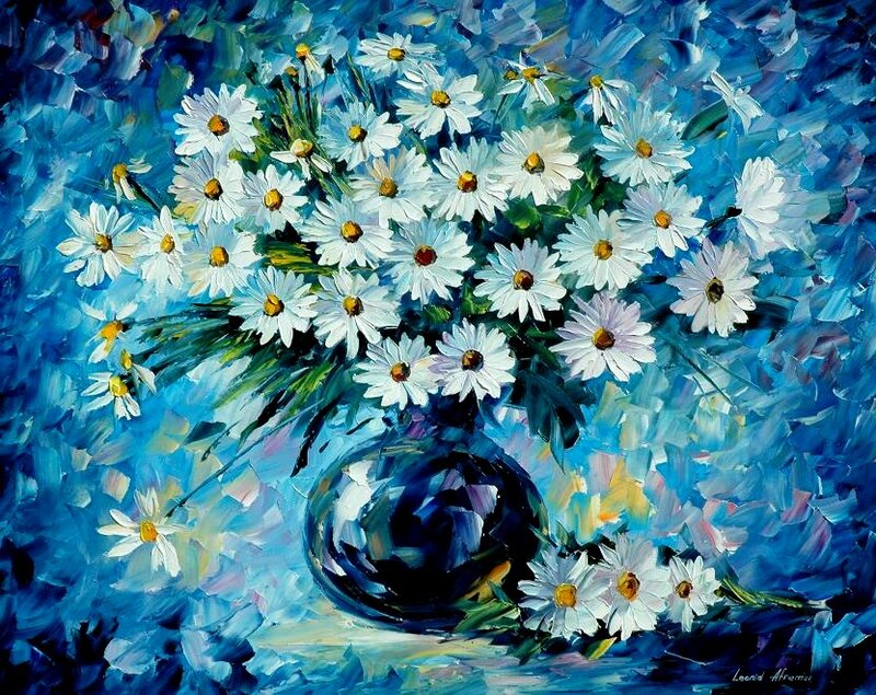Daisies in a Vase — Blue, Calm, Painting