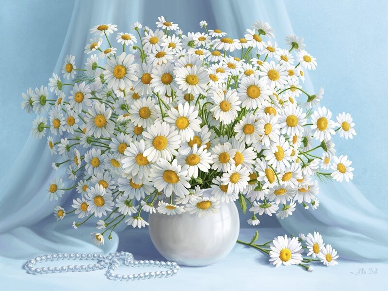 Daisies in a Vase — Blue, Serene, Painting, Pearl Necklace