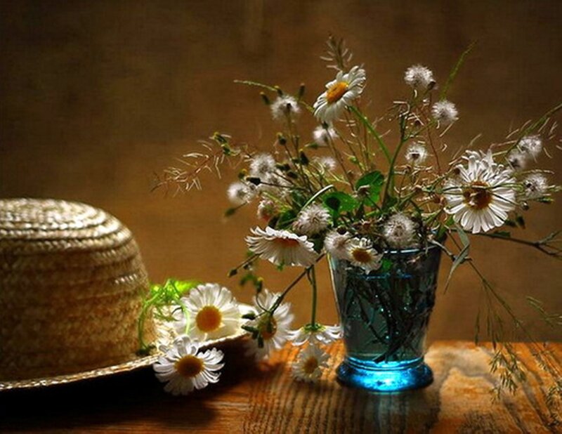 Daisies in a Vase — Brown, Serene, Photograph