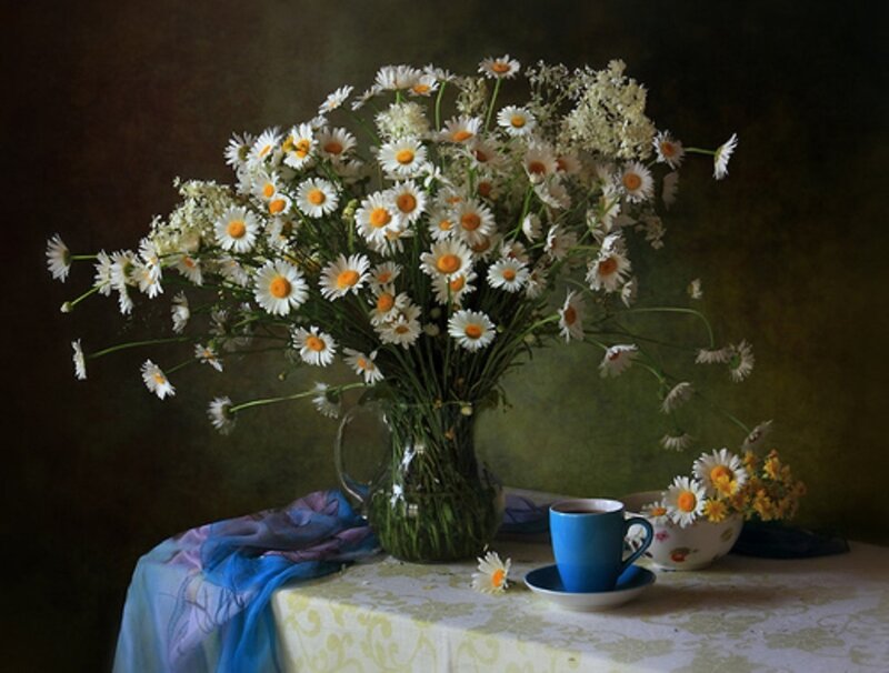 Daisies in a Vase — White, Serene, Painting, Cup