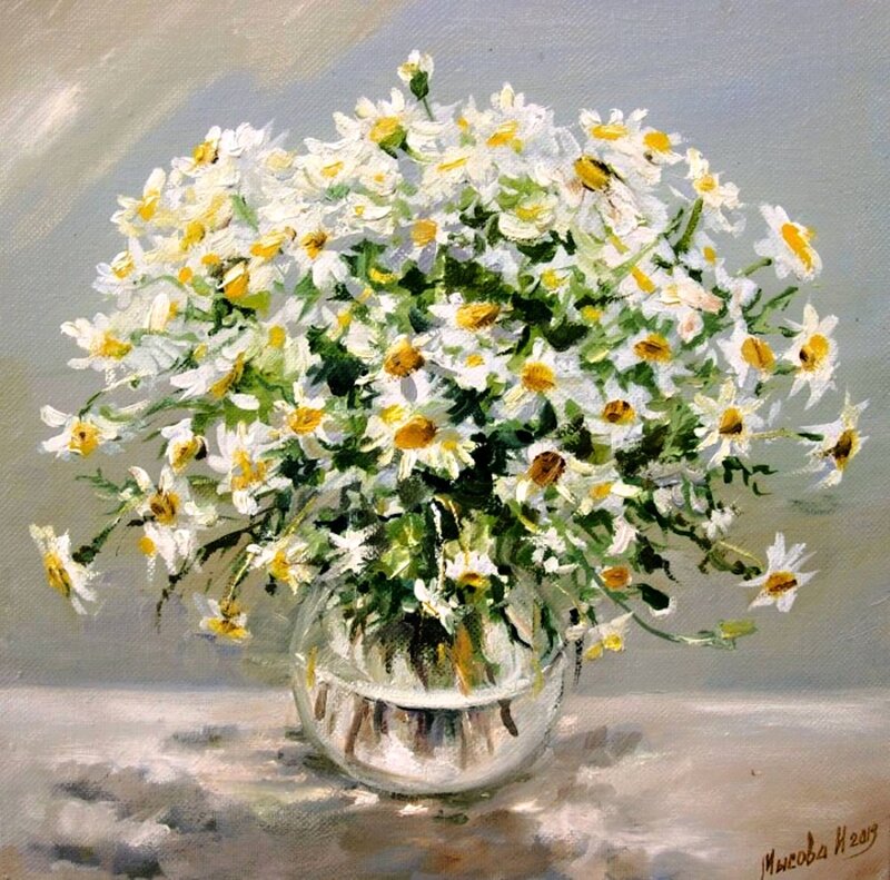 Daisies in a Vase — White, Serene, Painting, Table