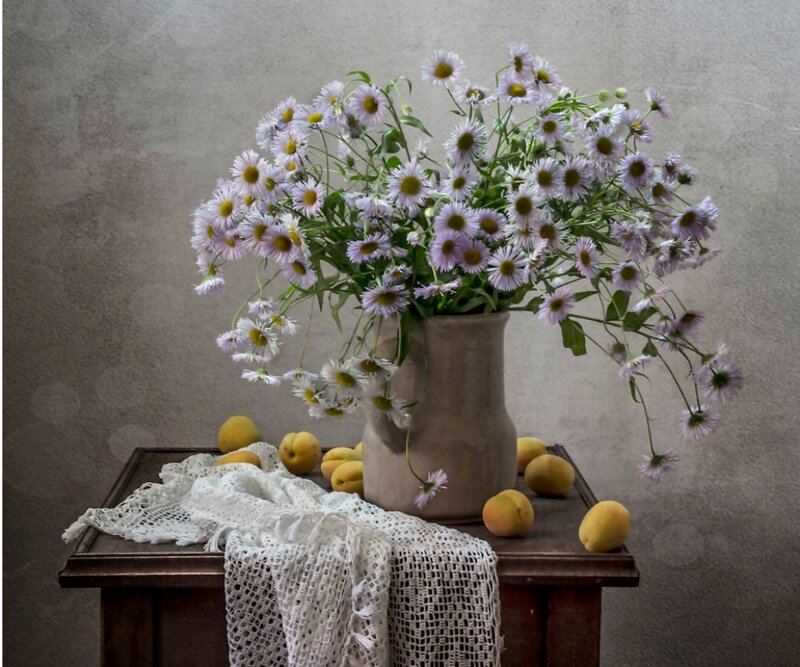Daisies in a Vase — White, Serene, Photograph, Lemons