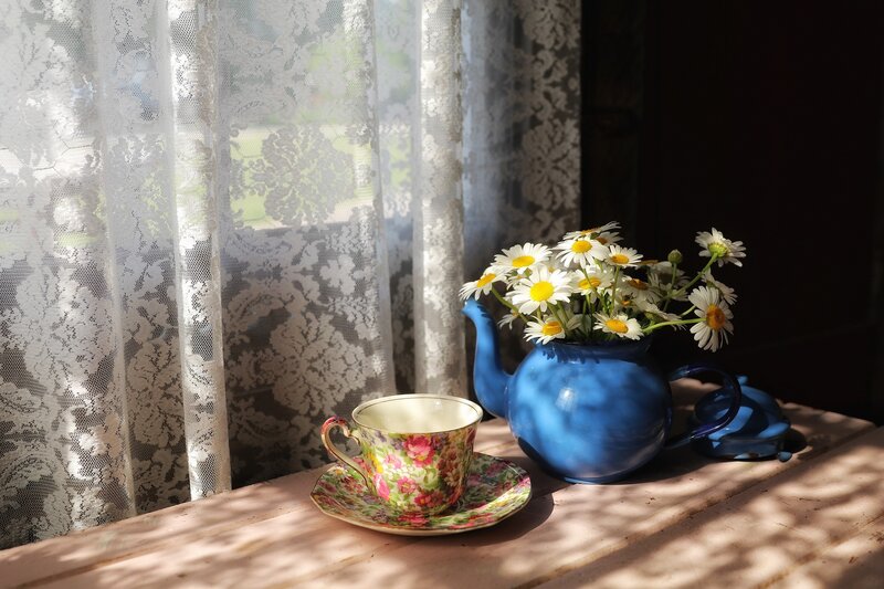 Daisies in Blue Teapot