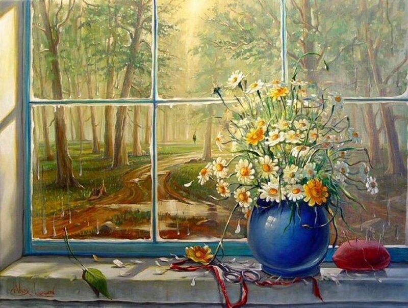 Daisies in Blue Vase