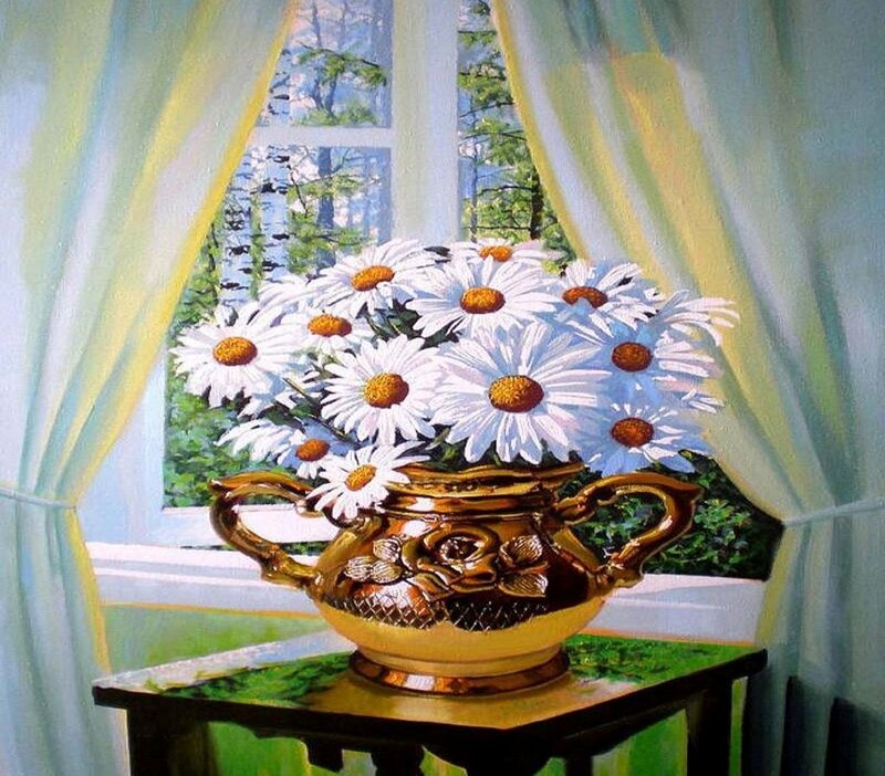 Daisies in Golden Vase