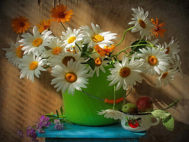 Daisies in Green Bucket