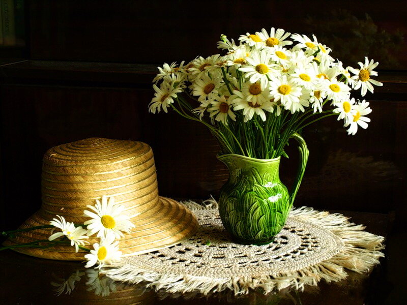 Daisies in Green Pitcher