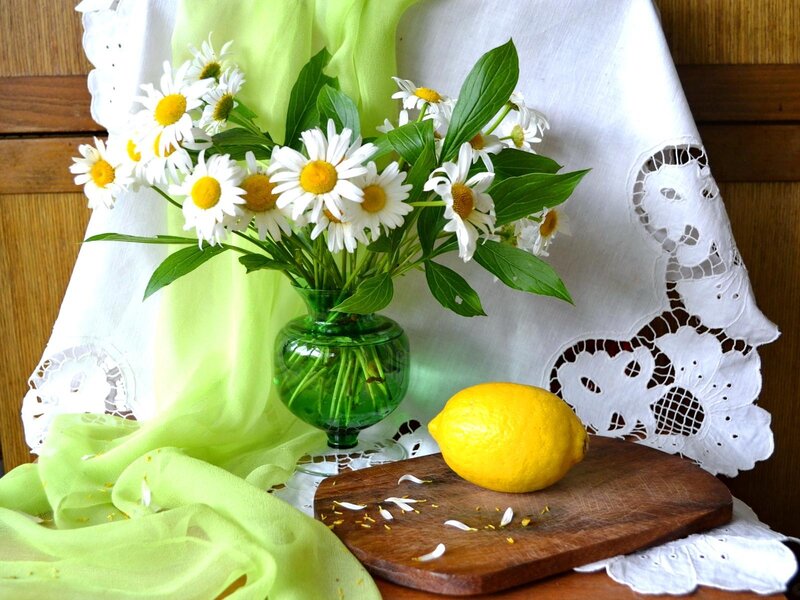 Daisies in Green Vase