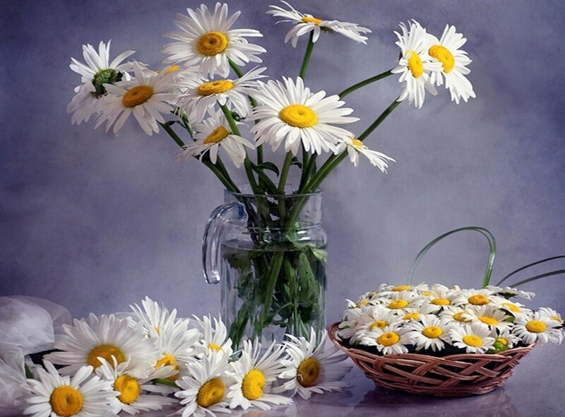 Daisies in Vase and Basket