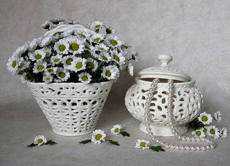 Daisies in White Basket