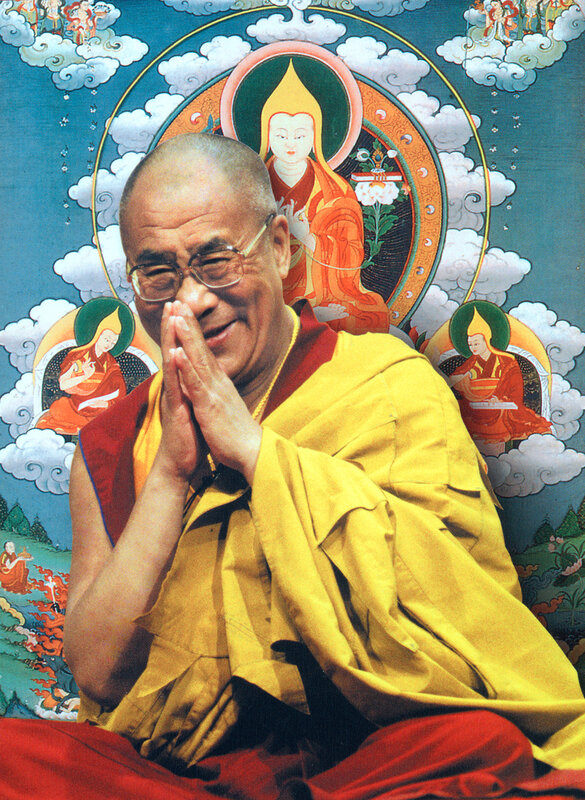 Dalai Lama in front of thangka