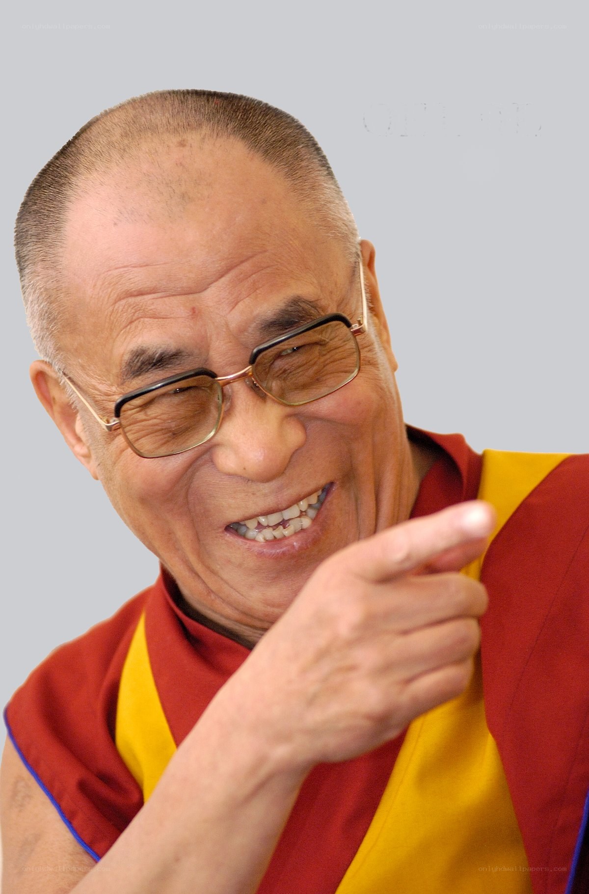 Dalai Lama smiling and pointing