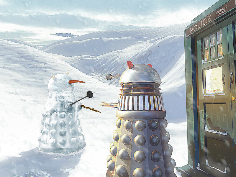 Dalek and snowman in snowy landscape