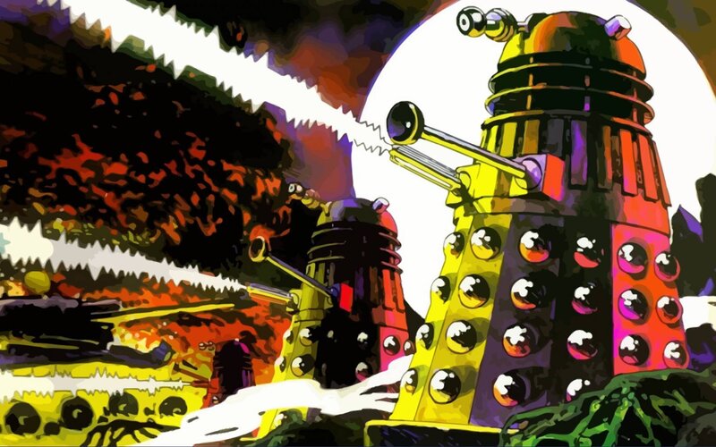 Daleks in a fiery battle