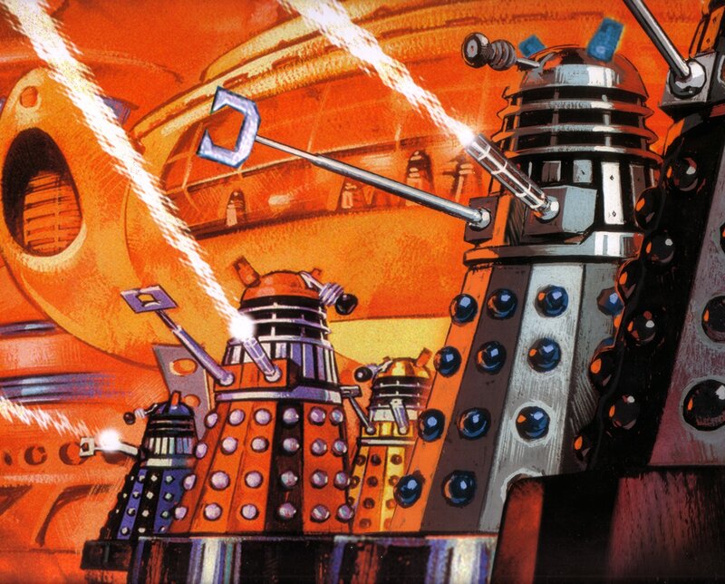 Daleks in a fiery battle