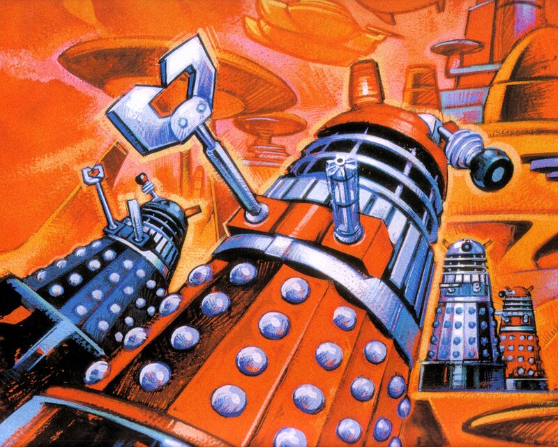 Daleks in a fiery landscape