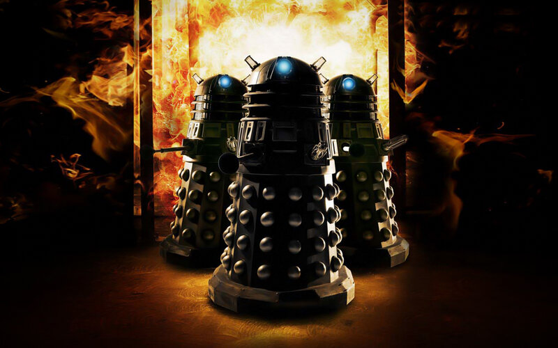 Daleks in fiery corridor