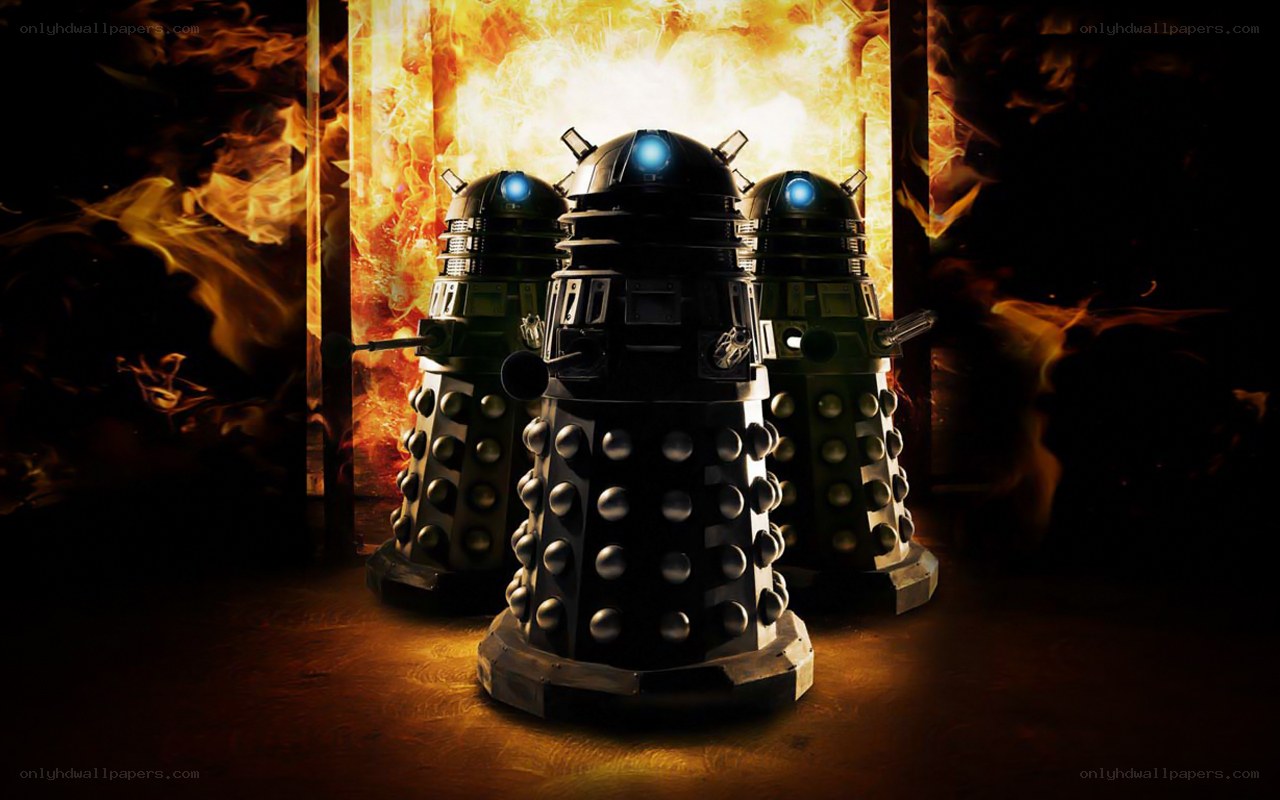 Daleks in fiery corridor