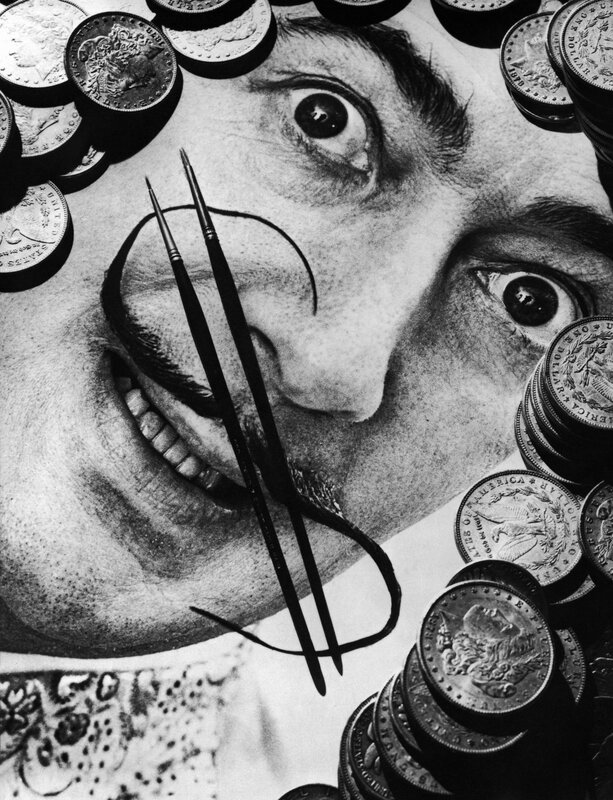Dali's face with coins and paintbrushes
