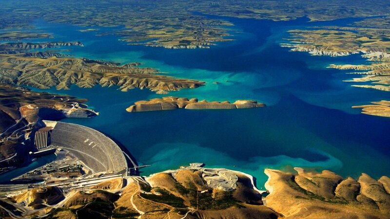 Dam and Reservoir — Blue, Serene, Afternoon, Photograph