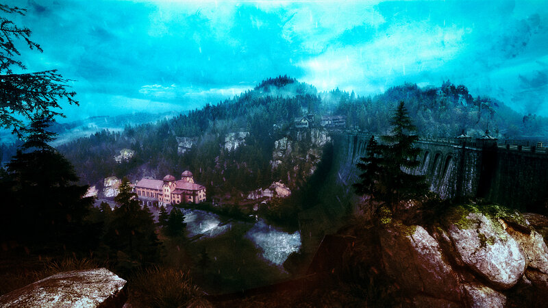 Dam in Forested Valley — Blue