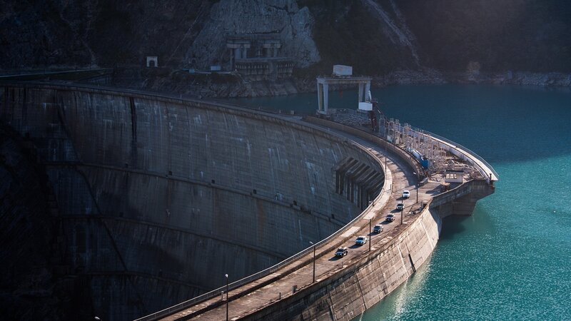 Dam with Cars — Blue, Dramatic
