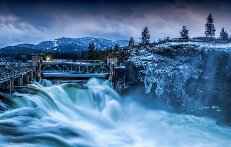 Dam with Waterfall — Blue, Dramatic